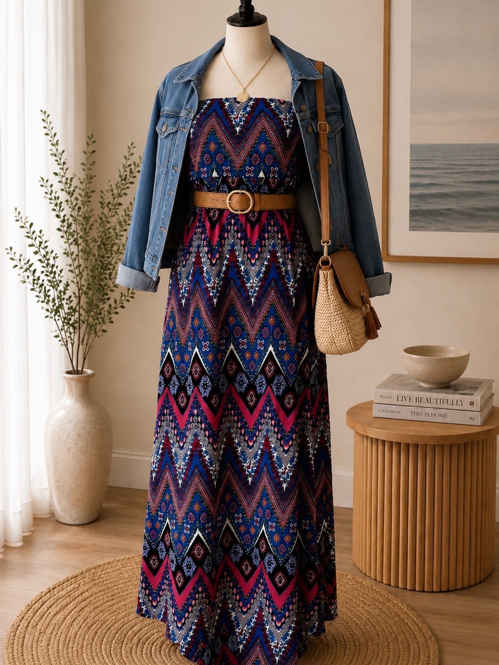 Strapless Smocked Maxi Dress Women M Pink Blue Chevron Tube Beach Resort Boho